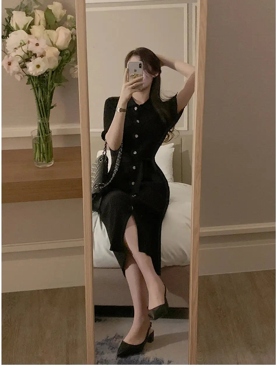 Elegant Summer Sweet Sle Turn-down Collar Single-button Thin Ice Silk Short-sleeve Knitted Long Dress Women's Fashion - Lootquake
