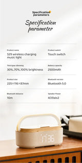 Altavoz Bluetooth, batería de 2500 mAh, compatible con carga inalámbrica de 15 W, reloj digital, pantalla, luz nocturna, despertador, estéreo Bluetooth.