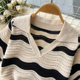 Short Sleeves Striped Long Dress Lapel Neck Hollow Out Slim Bodycon Sundress Fashion Hotsweet Knitted Beach Midi Dress - Lootquake