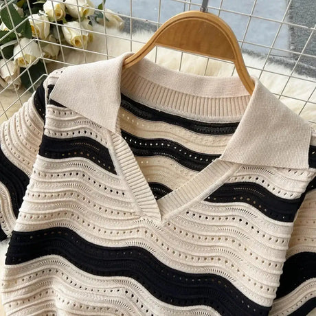 Short Sleeves Striped Long Dress Lapel Neck Hollow Out Slim Bodycon Sundress Fashion Hotsweet Knitted Beach Midi Dress - Lootquake