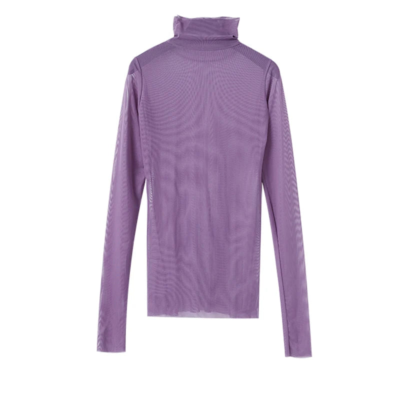 Camisa neón para mujer, de manga larga, con cuello alto, transparente, de malla amarilla dorada, sexy, para fiesta, club, ropa de calle, camisetas de hip hop