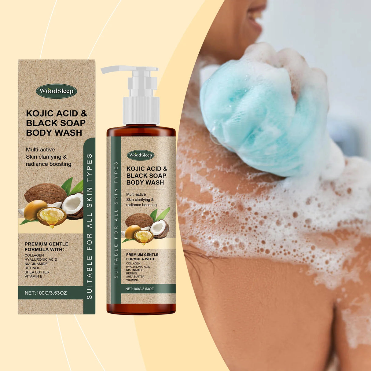Gel de ducha con colágeno, aclara el cuerpo, aclara las líneas finas, controla la grasa, mantiene la piel fresca y duradera, hidrata y exfolia. Gel de ducha con ácido kójico.