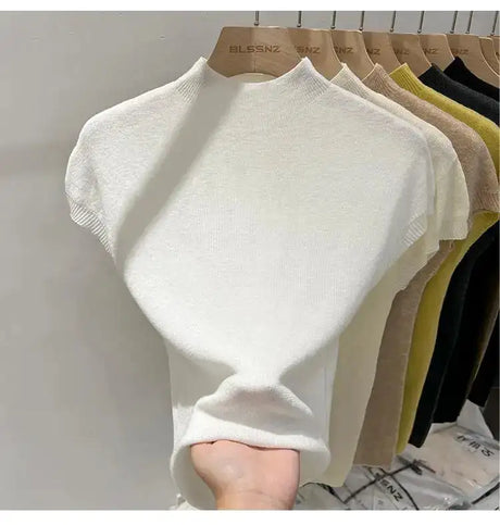 Half High Collar T-shirts Flying Sleeve Design Slim Knitted Sleeveless Top Women Simple Comfortable White T-shirts Summer 2025 - Lootquake