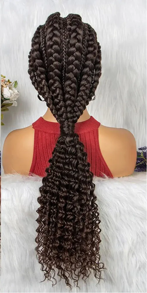 28" Burgundy Knotless Braids Wig with Curly Ends | Lace Front | Baby Hair