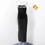 Elegant Velvet Knot Side Split Strapless Maxi Dress Women Back Bandage Off Shoulder Sleeveless Evening Long Dress Party Vestidos - Lootquake