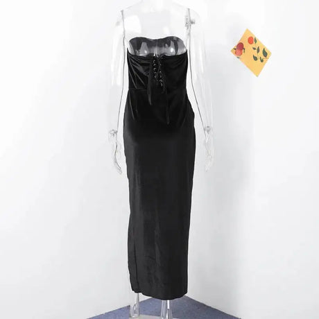 Elegant Velvet Knot Side Split Strapless Maxi Dress Women Back Bandage Off Shoulder Sleeveless Evening Long Dress Party Vestidos - Lootquake