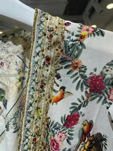 2024 New V-neck Heavy Beaded Butterfly and Flower Print Women Vacation Wear 100% Silk Multi-layer Ruffles Long Dress - Lootquake