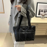 Fashion Ladies Tote Handbags Large Capacity Cotton Padded Shopping Bag Rhombus Portable Handbag Quilted Solid for Leisure Travel - Lootquake