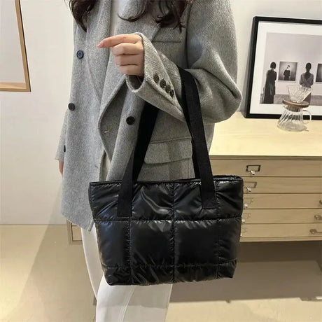 Fashion Ladies Tote Handbags Large Capacity Cotton Padded Shopping Bag Rhombus Portable Handbag Quilted Solid for Leisure Travel - Lootquake