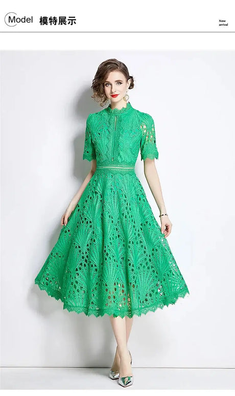 SMTHMA Vintage High-End O-Neck Short Sleeve Lace Hollow Out Dress For Women's Summer Slim Elegant Long Dress Female Clothing - Lootquake
