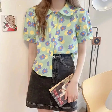 Women Summer Korean Casual Printing Chiffon Loose Polo-Neck Short Sleeve Blouse Women Clothes Sweet All-match Floral Top Tee - Lootquake