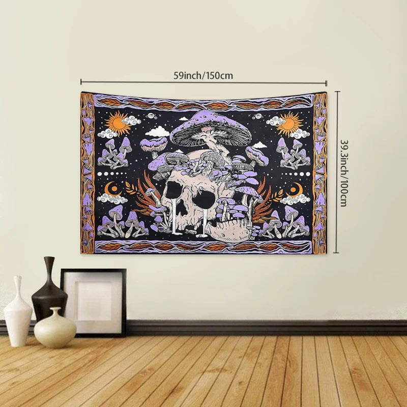 1pc Skeleton mushroom pattern tapestry, moon sun mandala tapestry, room decoration wall hanging