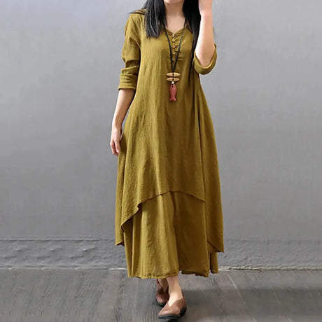 Women Elegant Linen White Dresses Bohemia Layering Vintage Robe Long Sleeve Loose Long Dress Female Autumn Vestidos - Lootquake