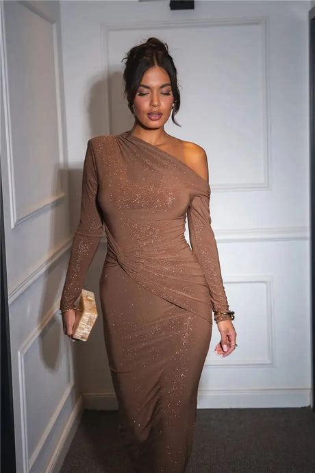 Mozision Sparkle Long Sleeve Sexy Maxi Dress For Women Inclined Shoulder Backless Bodycon Ruched Club Party Sexy Long Dress - Lootquake