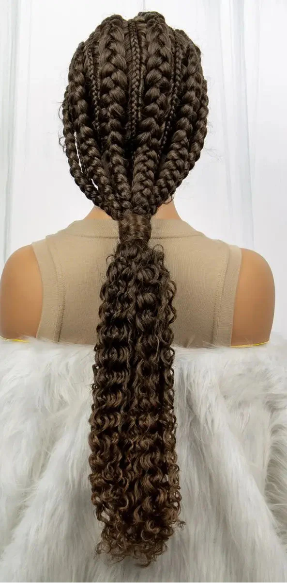 28" Knotless Cornrow Braids Wig with Curly Ends | Transparent Lace Front | Baby Hair