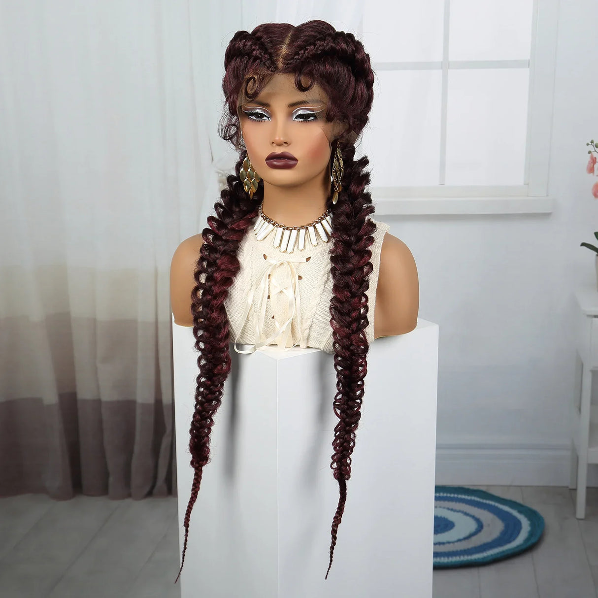 36" Burgundy Twist Cornrow Braids Wig | 99J | Lace Frontal | Baby Hair