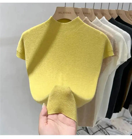 Half High Collar T-shirts Flying Sleeve Design Slim Knitted Sleeveless Top Women Simple Comfortable White T-shirts Summer 2025 - Lootquake