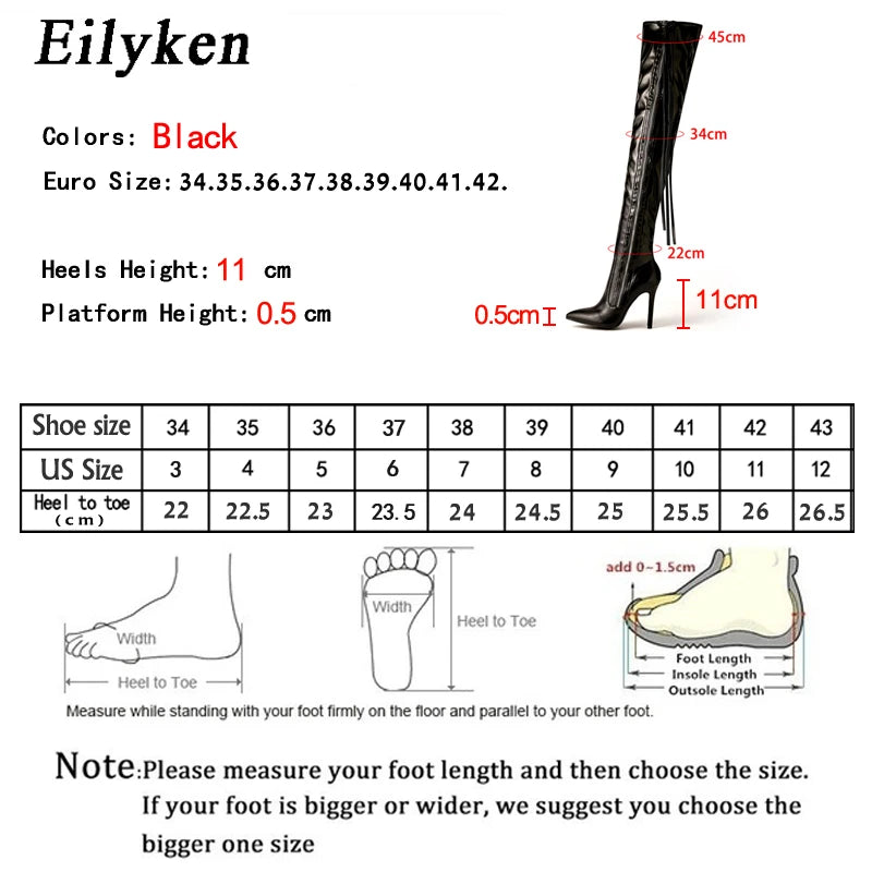 Eilyken New Fashion Designer Tassel Thigh High Women Shoes Sexy Pointed Toe Zip Over-the-Knee Boots Stiletto Heels Size 35-42 - Lootquake