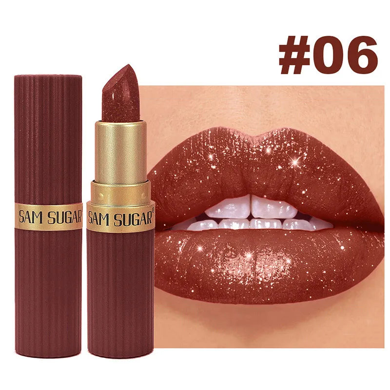 Metallic Pearl Diamond Luxury Lipstick Makeup 6-color Waterproof Long-lasting Sparkling Matte Lip Gloss Daily Beauty Accessories