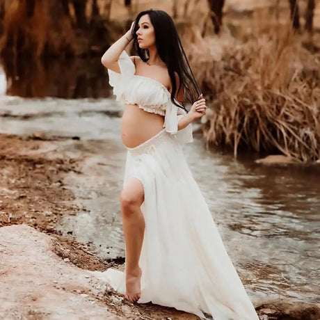 Maternity Dress For Photoshoot Pregnancy Off Shoulder Ruffled Semi Transparent Chiffon Long Dress Photography Dress For Women - Lootquake