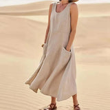 Cotton Linen Sleeveless Dress for Women Summer Pullover Skirt Vestidos Fashion Female Clothing Short Sleeved Loose Long Dress - Lootquake