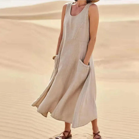 Cotton Linen Sleeveless Dress for Women Summer Pullover Skirt Vestidos Fashion Female Clothing Short Sleeved Loose Long Dress - Lootquake