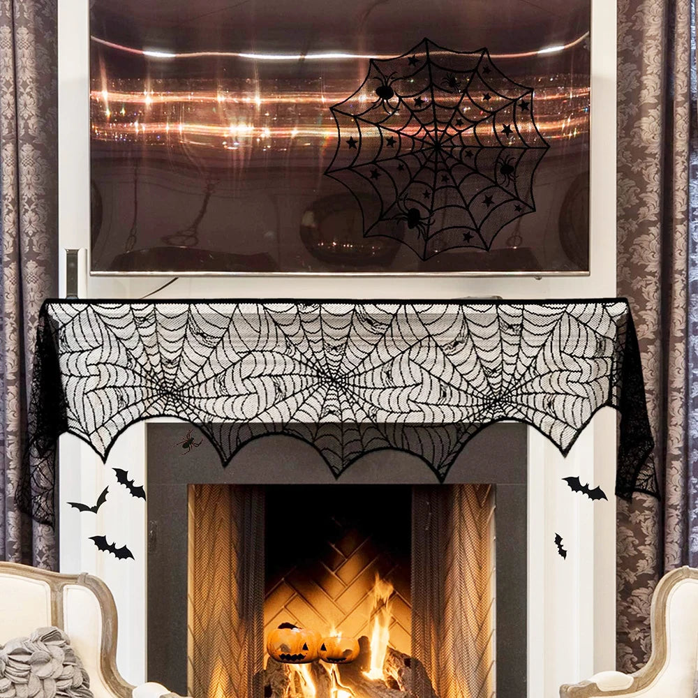 Halloween Decorations Set Spider Web Table Runner Fireplace Scarf Cover Tablecloth 3D Bats Wall Stickers Halloween Party Decor