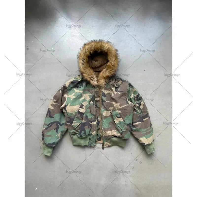 New Trendy Brand Retro Camouflage Fur Collar Zipper Hoodie Street Punk Personality Jacket Hip-hop Casual Oversized Sweatshirt - Lootquake