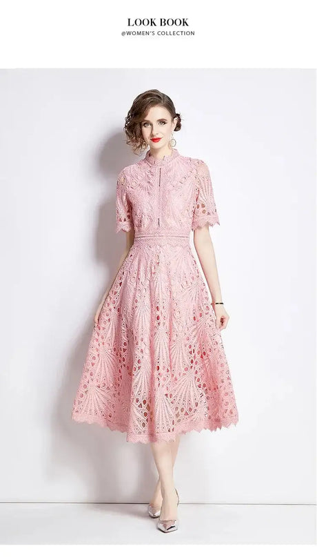 SMTHMA Vintage High-End O-Neck Short Sleeve Lace Hollow Out Dress For Women's Summer Slim Elegant Long Dress Female Clothing - Lootquake