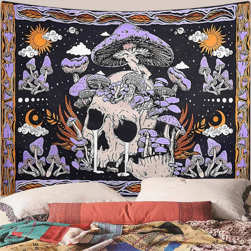 1pc Skeleton mushroom pattern tapestry, moon sun mandala tapestry, room decoration wall hanging