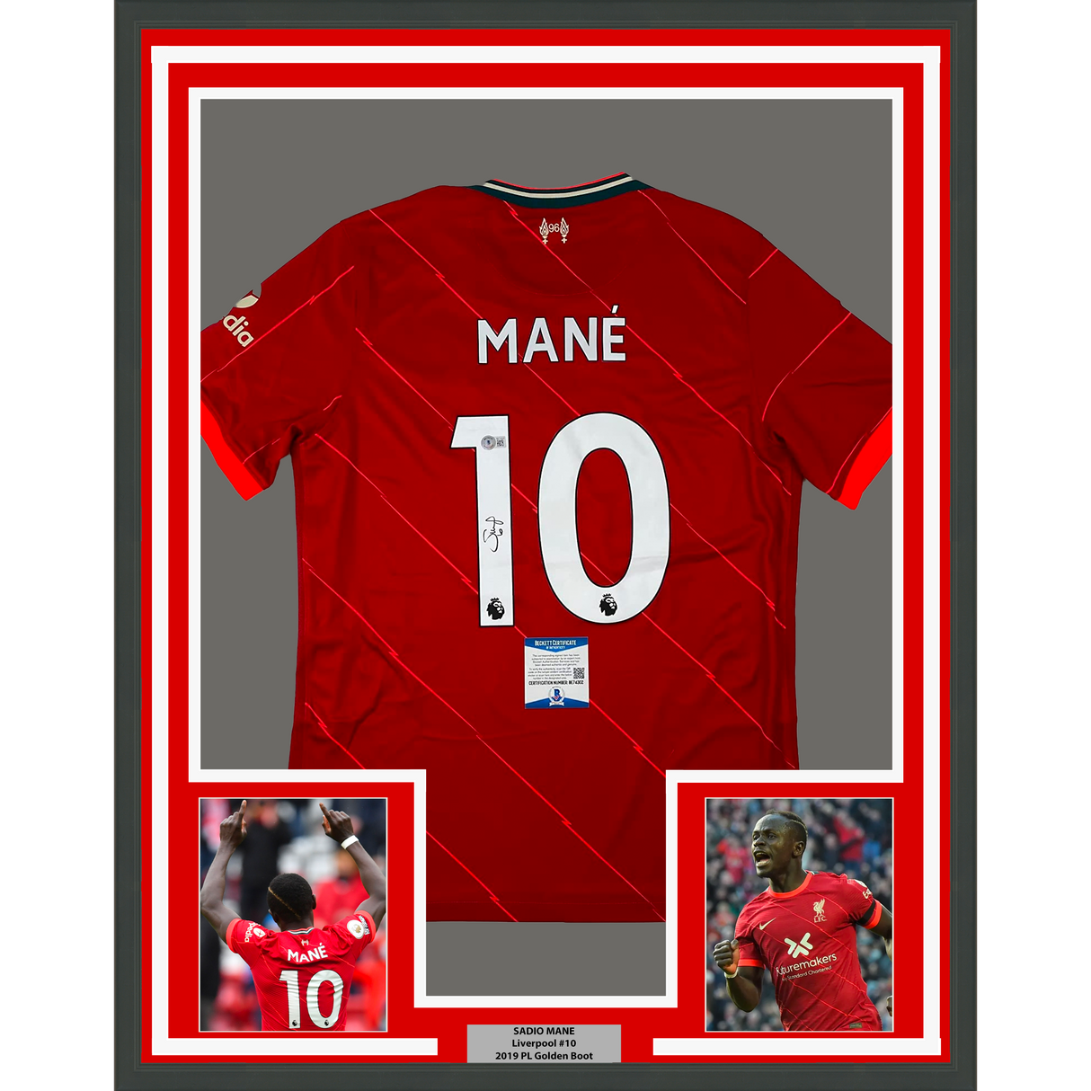 Camiseta de fútbol roja del Liverpool Beckett BAS COA enmarcada y autografiada de Sadio Mane (35 x 39)