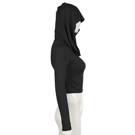 Women's Hooded Crop Tops Autumn Solid Color Long Sleeve Cowl Neck Slim Fit Short T-Shirt Streetwear Sporty Basics Tees - Lootquake