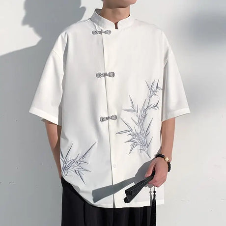 2025 Men Shirt Bamboo Embroried Short Sleeve Loose Summer Streetwear Men Clothing Korean Style Casual Tunic Shirts Plus M-5XL - Lootquake