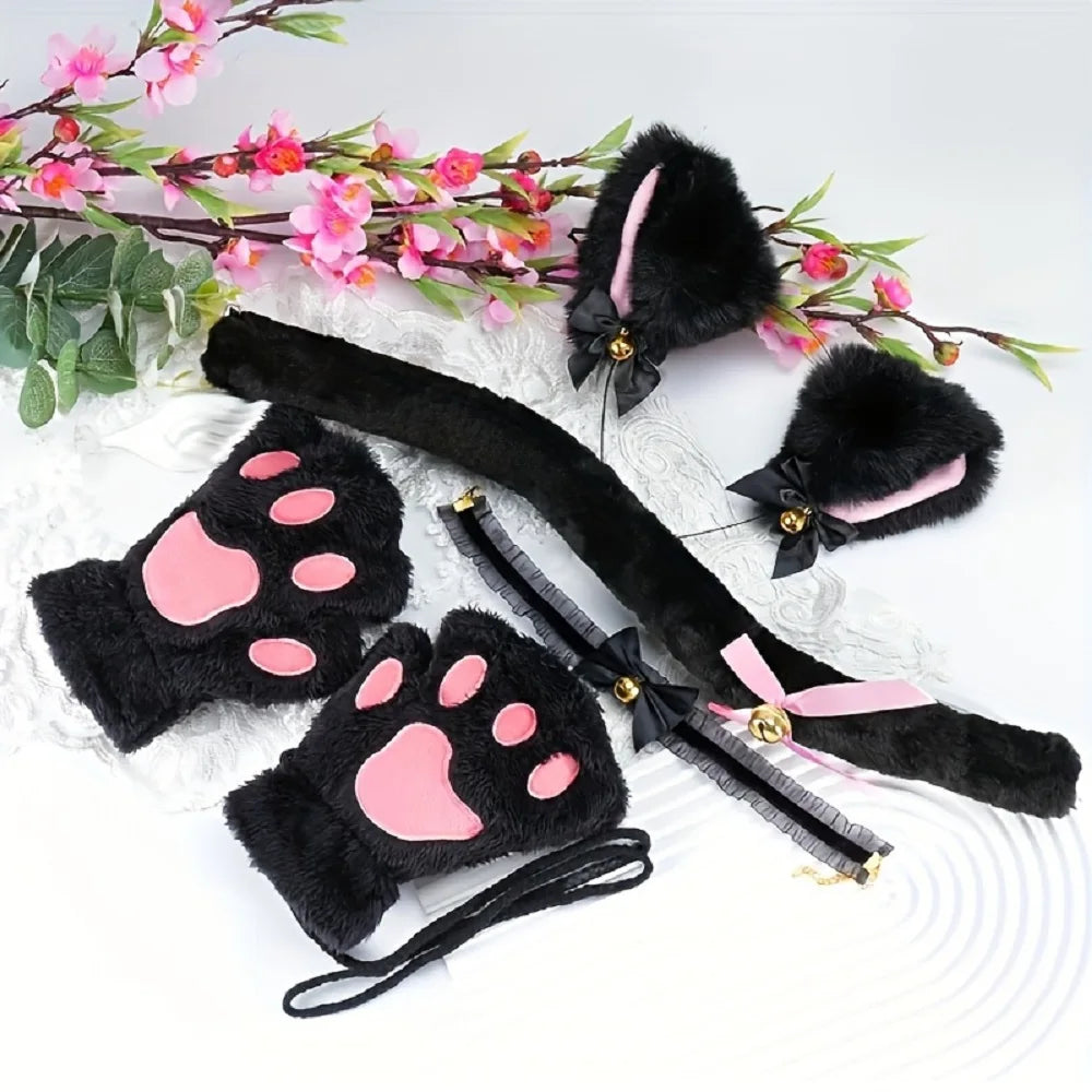 5Pcs Sets Cat Paw Gloves Winter Cute Cartoon Girl Open Finger Gloves Bell Headband Fox Cat Ear Headwear