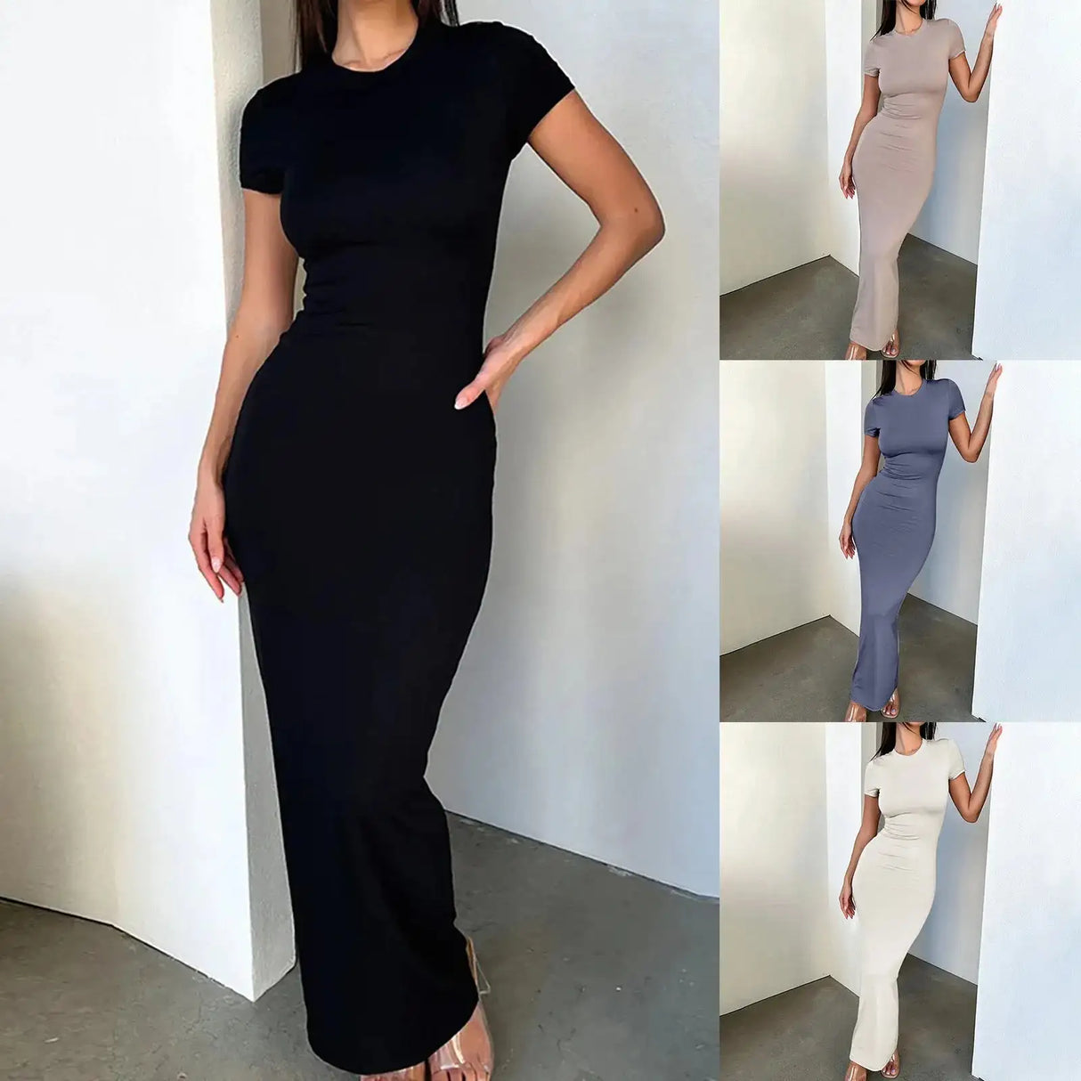 Solid Black White Skinny Long Dress Women's Summer Fashion Plain Bodycon Maxi Tshirt Dress Ladies Simple Casual Slim Dresses - Lootquake