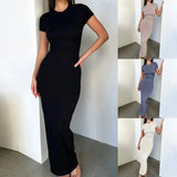 Solid Black White Skinny Long Dress Women's Summer Fashion Plain Bodycon Maxi Tshirt Dress Ladies Simple Casual Slim Dresses - Lootquake