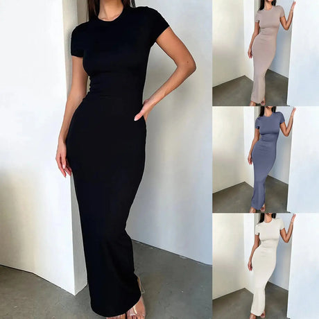 Solid Black White Skinny Long Dress Women's Summer Fashion Plain Bodycon Maxi Tshirt Dress Ladies Simple Casual Slim Dresses - Lootquake