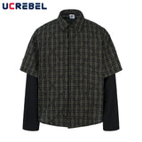 Plaid Spliced Fake Two Pieces Shirts Mens High Street Spring Loose Single Breasted Long Sleeve Lapel Shirts Shirts Men - Lootquake