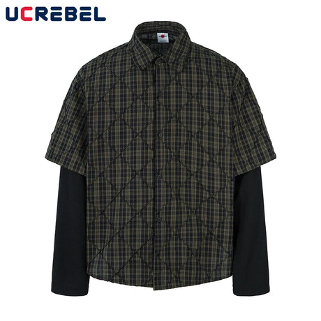 Plaid Spliced Fake Two Pieces Shirts Mens High Street Spring Loose Single Breasted Long Sleeve Lapel Shirts Shirts Men - Lootquake