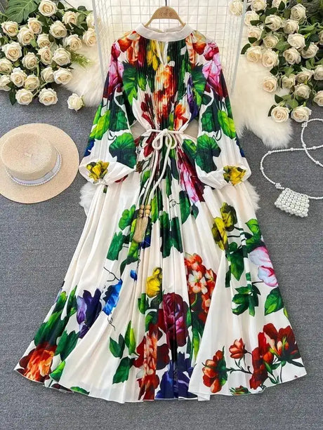 Spring Holiday Print Long Dress For Women Fashion Loose Lantern Sleeve Party Robe Female Big Swing Tassels Belt Pleated Clothes - Lootquake