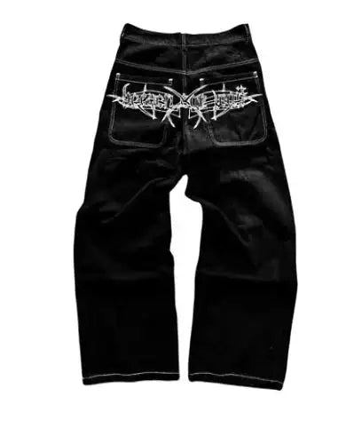 Y2K Pocket Fashion Embroidery Street Harajuku Gothic Retro High Waisted Loose Casual Jeans American Hip-hop Wide Leg Pants - Lootquake