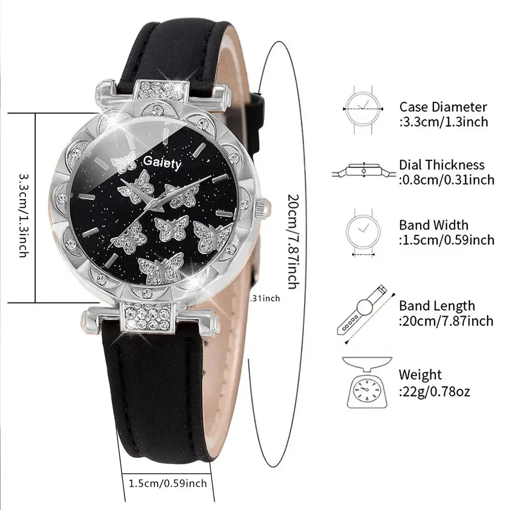 6PCS/Set Women Watch Set Rhinestone Quartz Wristwatch Butterfly Element Dial Watch Set Butterfly Jewelry Set Gift For Girls - Lootquake