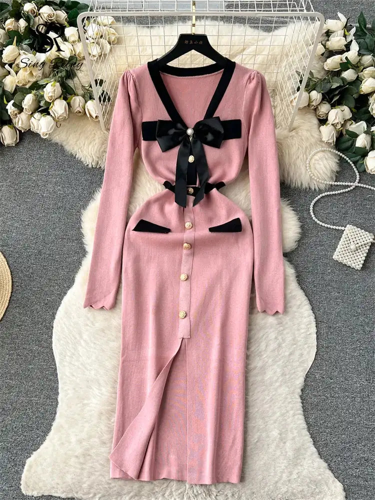 SINGREINY Office Lady Sweater Long Dress 2023 Bow Single Breasted Elastic Split Women Autumn Dress Fashion Senior Knitted Dress