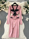 SINGREINY Office Lady Sweater Long Dress 2023 Bow Single Breasted Elastic Split Women Autumn Dress Fashion Senior Knitted Dress