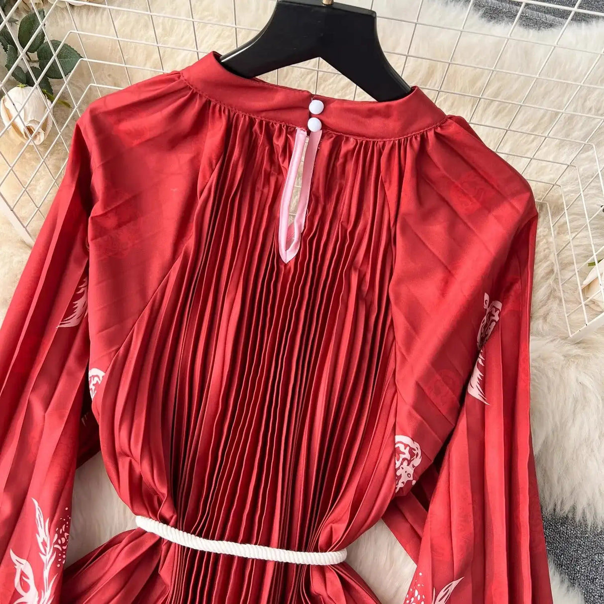 Spring Holiday Print Long Dress For Women Fashion Loose Lantern Sleeve Party Robe Female Big Swing Tassels Belt Pleated Clothes