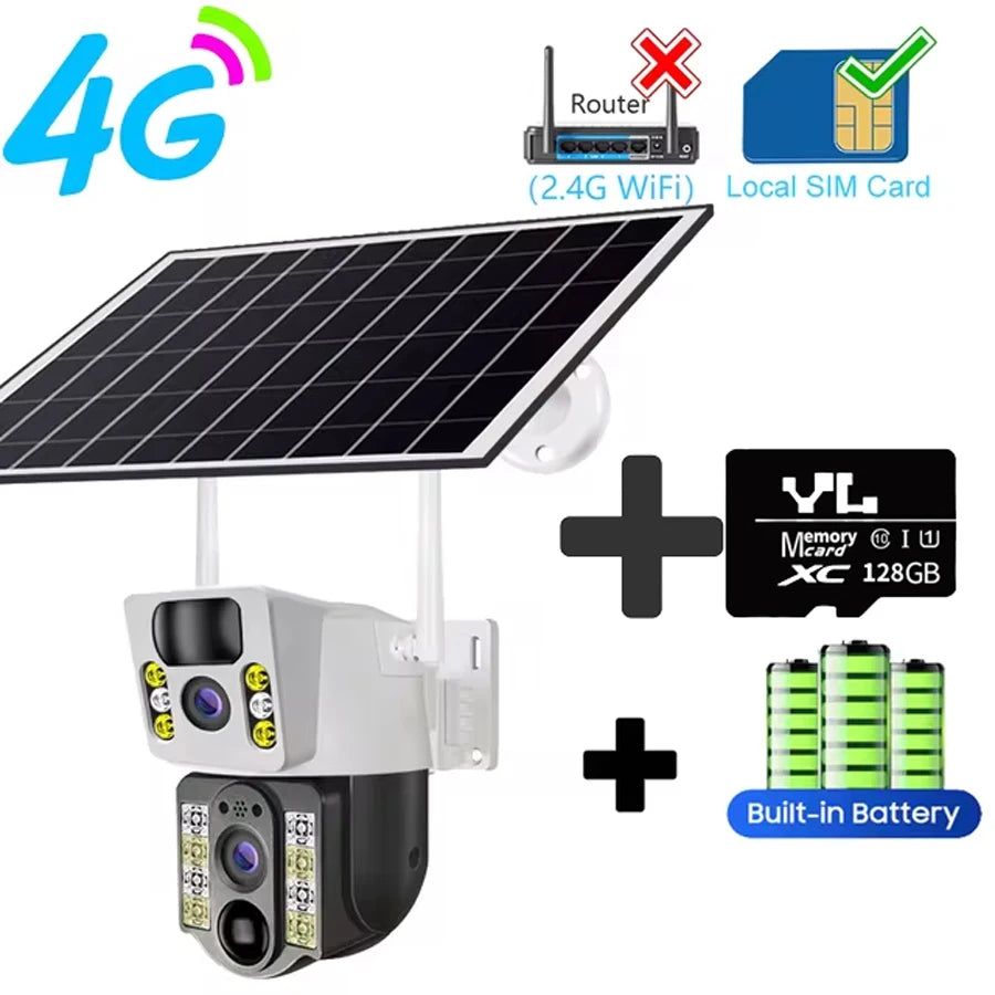 Cámara solar 4K con tarjeta SIM 4G, lente dual, 8MP, HD, visión nocturna, IP, CCTV, vigilancia, PTZ, PIR, detección humana, alarma, cámara impermeable