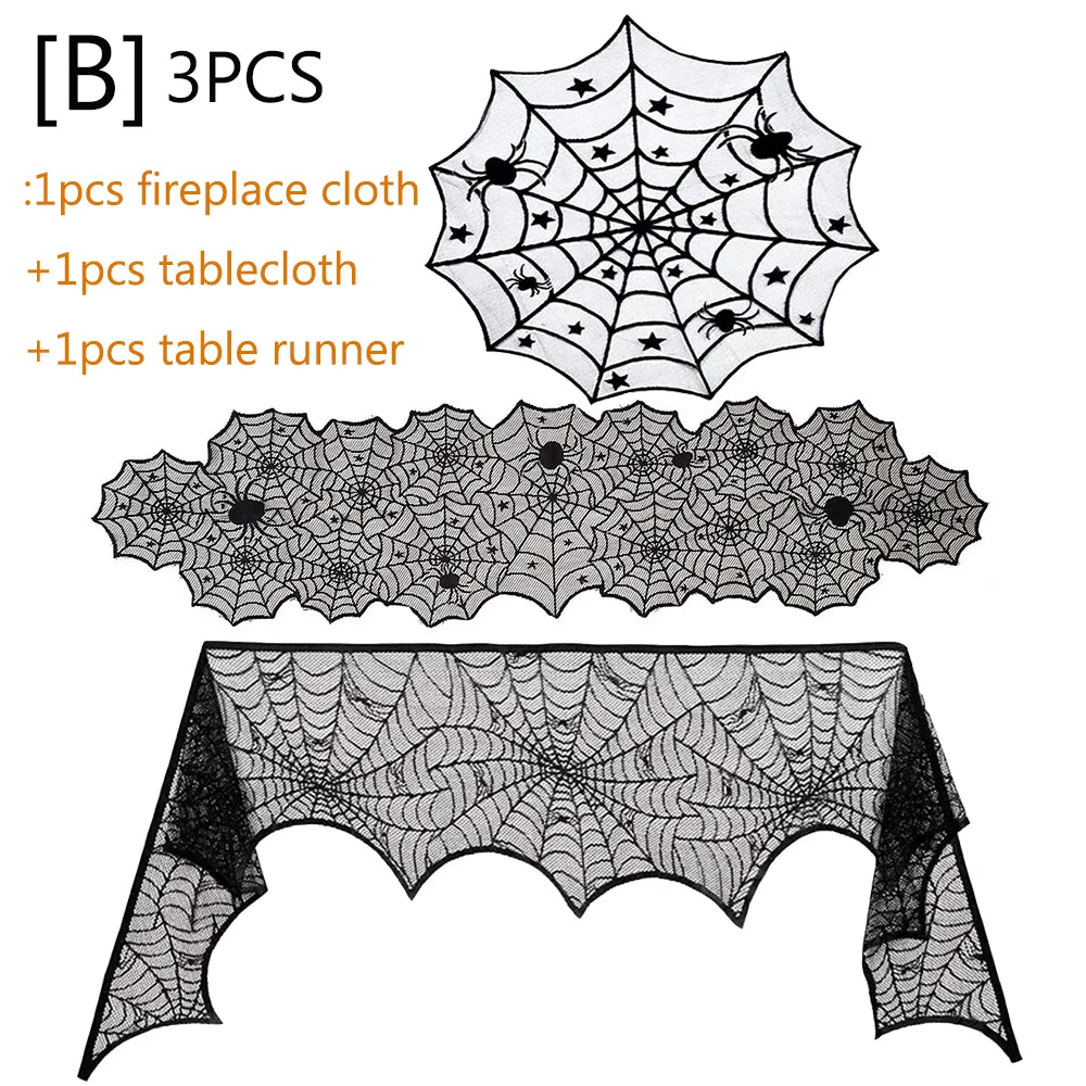 Halloween Decorations Set Spider Web Table Runner Fireplace Scarf Cover Tablecloth 3D Bats Wall Stickers Halloween Party Decor