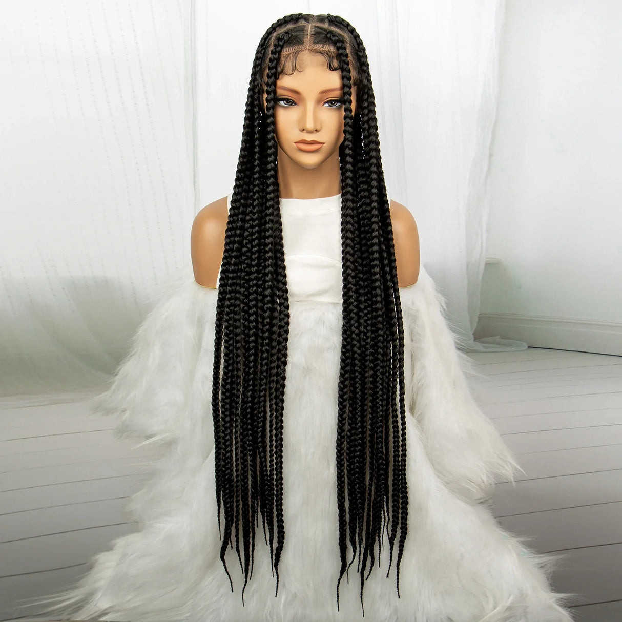 34" Knotless Box Braids Full Lace Wig | Long Black Synthetic Braids | Transparent Lace