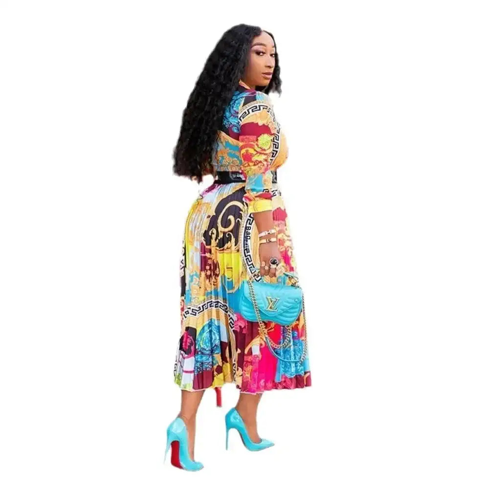 2024 Spring Summer New Cross-border Wishdress Women's Clothing Artistic Printing Plenty Folds Seven-half Sleeves Long Dress - Lootquake