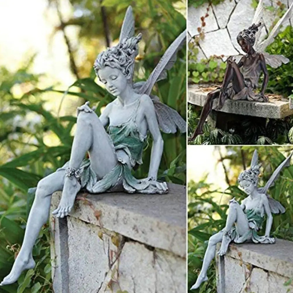 Flower Fairy Sculpture Garden Landscaping Yard Art Ornament Resin Turek Sitting Statue Outdoor Angel Figurines Craft Decoration